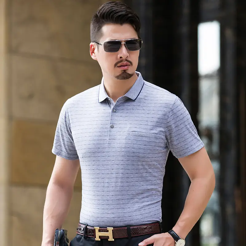 Men Striped Cotton Polo T-Shirt Short Sleeve - Image 5