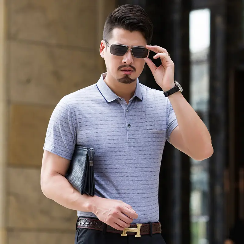 Men Striped Cotton Polo T-Shirt Short Sleeve - Image 6