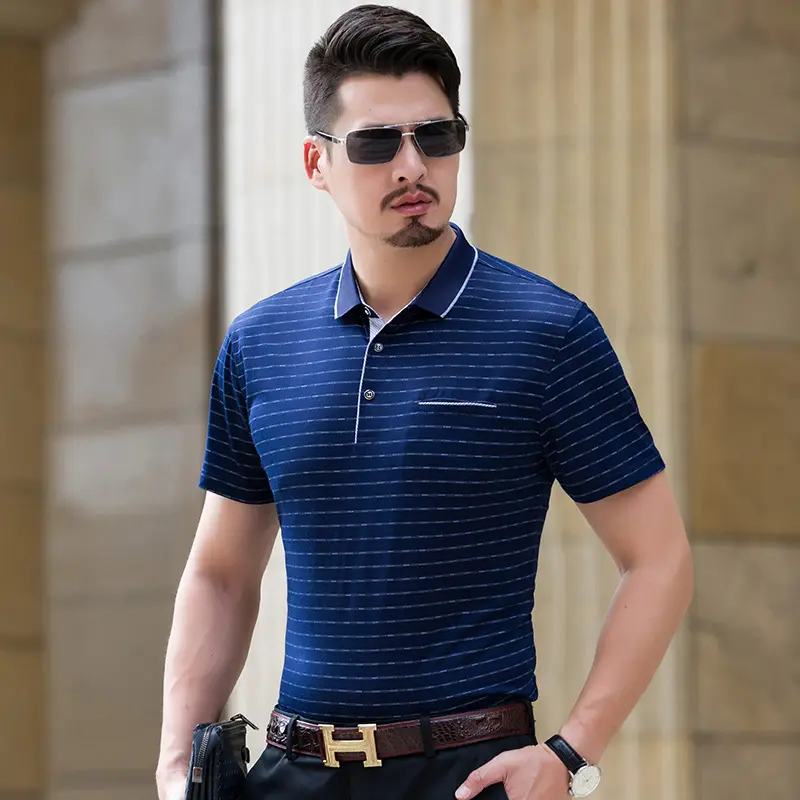 Men Striped Cotton Polo T-Shirt Short Sleeve - Image 2
