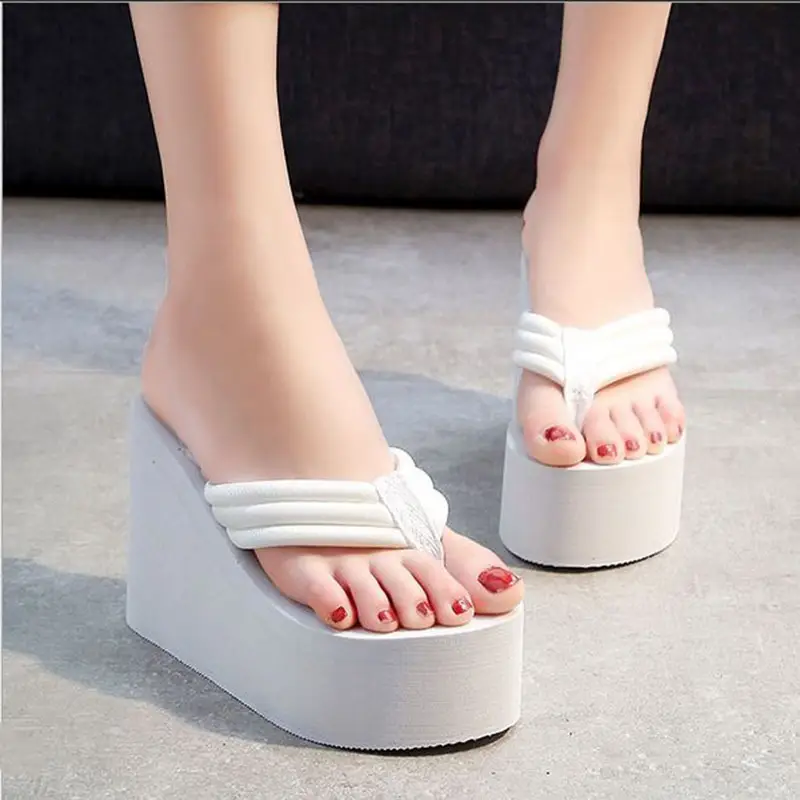 Black Thick Heel Sandals Rubber Non-Slip Beach Flip Flops