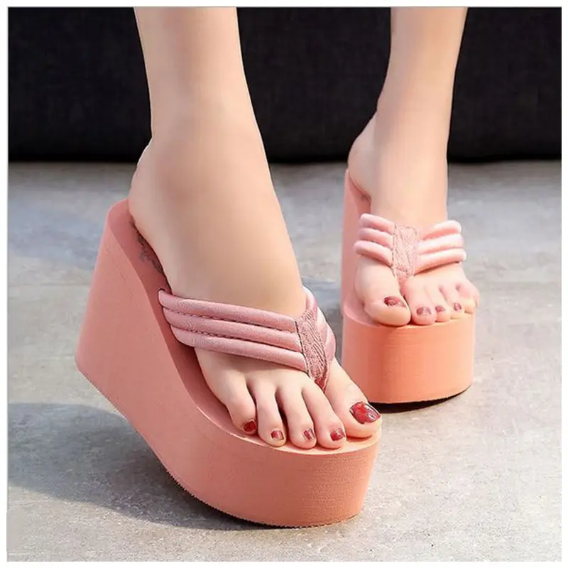 Black Thick Heel Sandals Rubber Non-Slip Beach Flip Flops