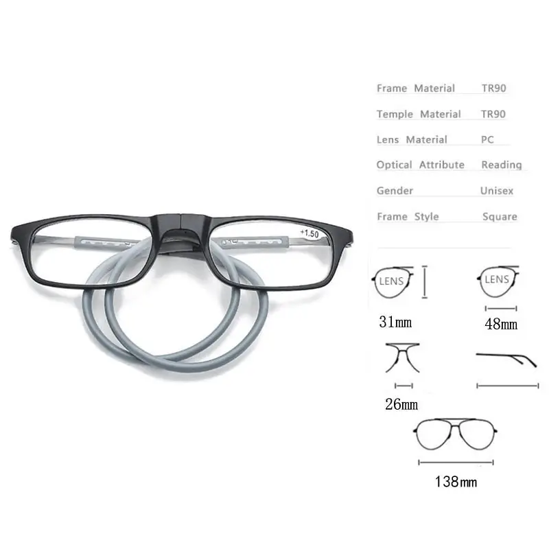 Magnetic Hanging Neck Reading Glasses Portable Unisex Tr90 Magnet Reading Glasses Long Leg Telescopic Pullover Frame