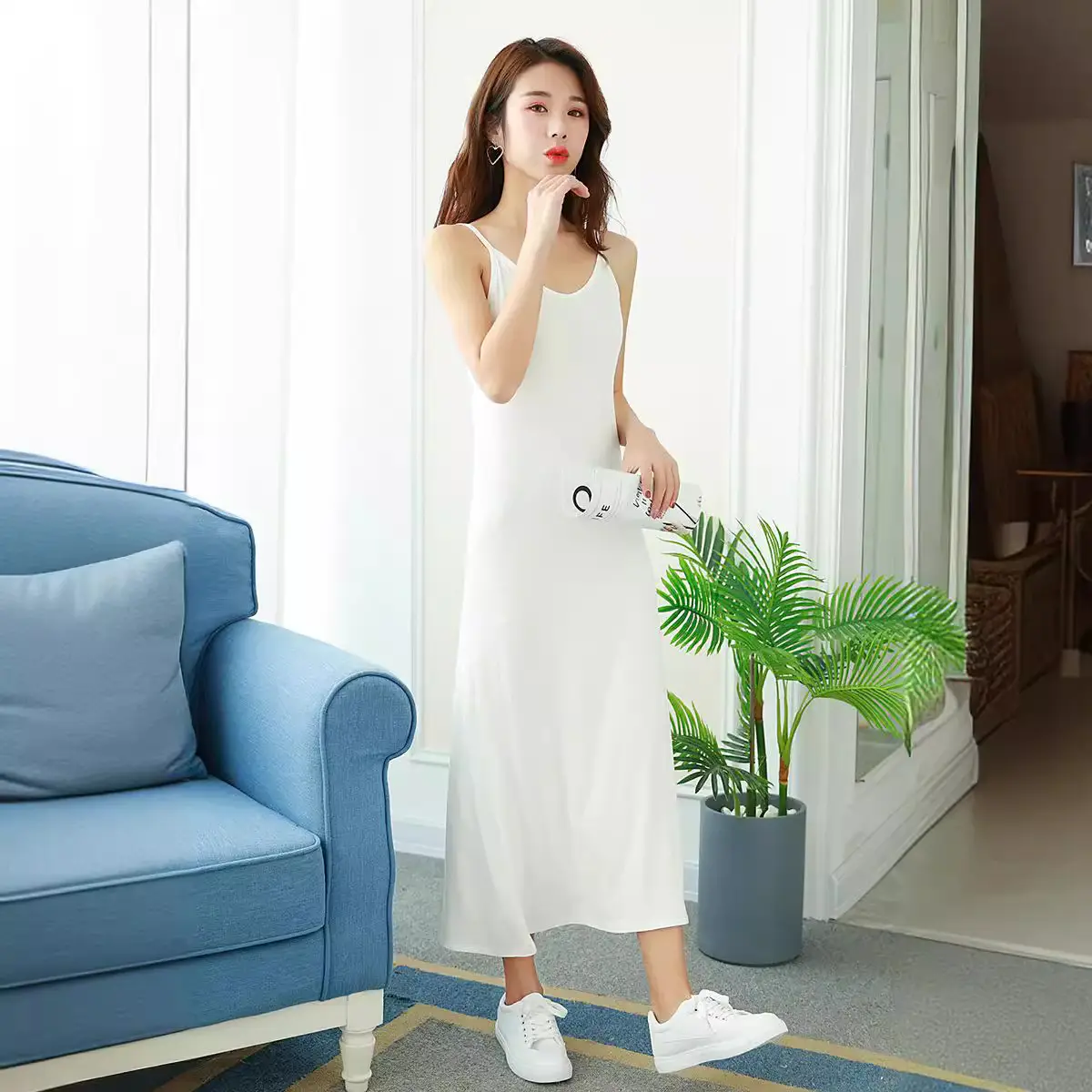 Summer White Modal Lining Skirt Dress with Strap