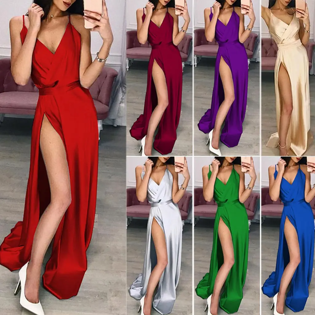 Red Split Strap Evening Dress with High Slit