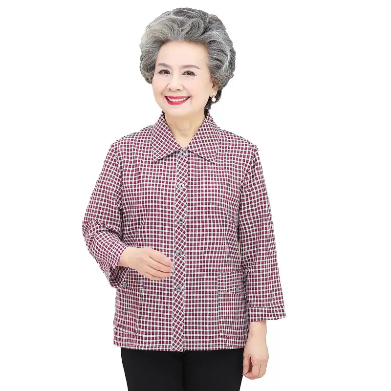 Middle-Aged Plaid Check Shirt for Women 60-70 - Image 13