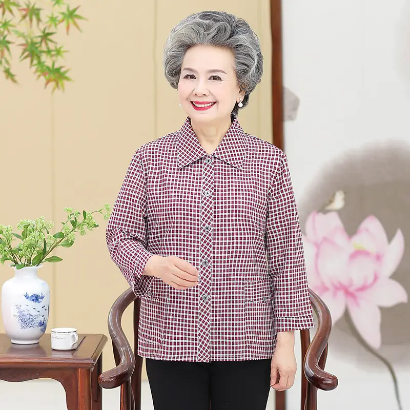 Middle-Aged Plaid Check Shirt for Women 60-70 - Image 2