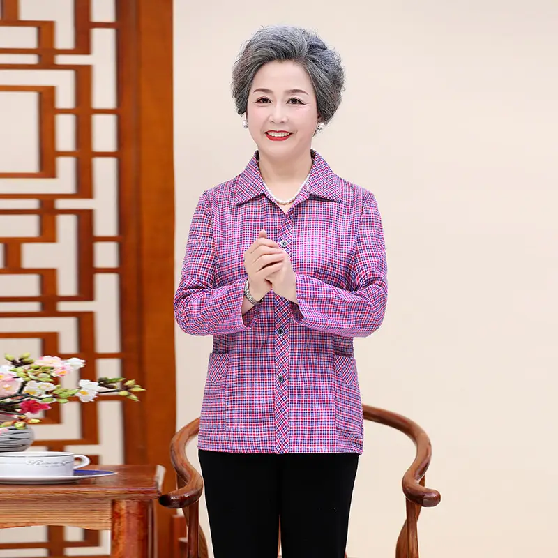 Middle-Aged Plaid Check Shirt for Women 60-70 - Image 3