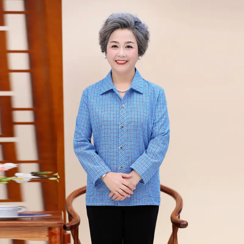 Middle-Aged Plaid Check Shirt for Women 60-70 - Image 4