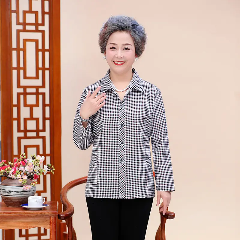 Middle-Aged Plaid Check Shirt for Women 60-70 - Image 5
