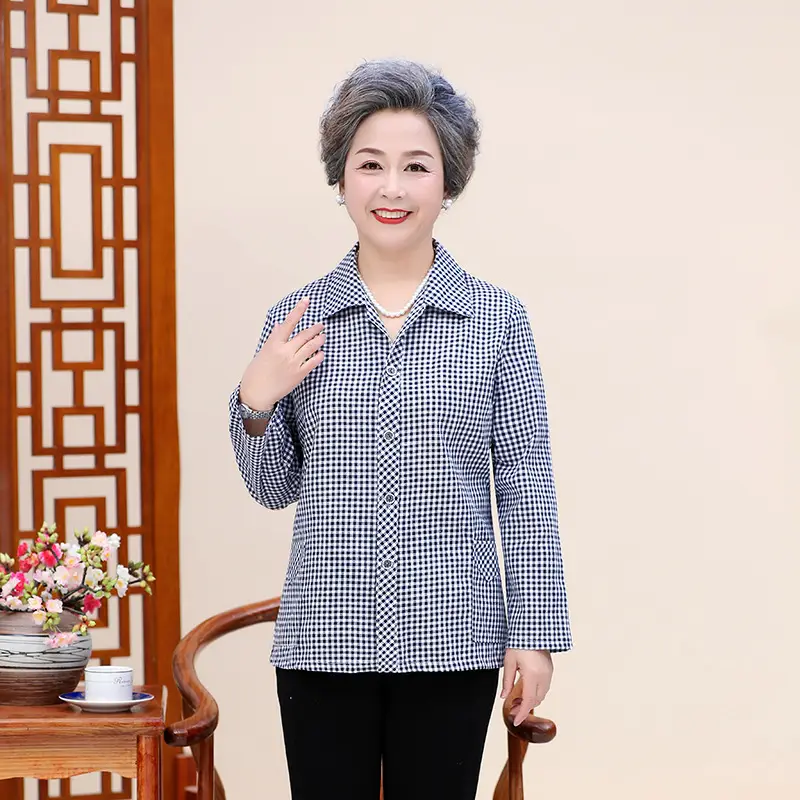 Middle-Aged Plaid Check Shirt for Women 60-70 - Image 7