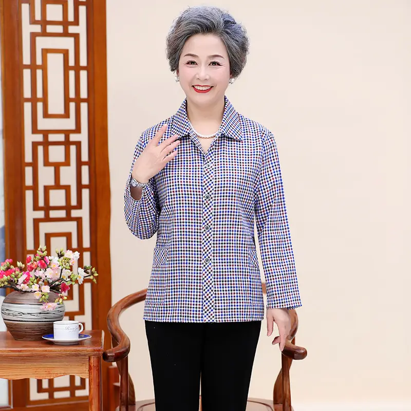 Middle-Aged Plaid Check Shirt for Women 60-70 - Image 8