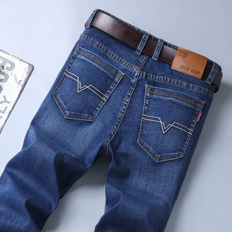 Men's Stretch Slim Fit Jeans Blue Brown Belt