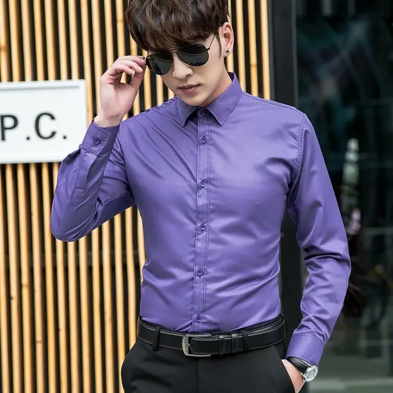 Purple Slim Fit Men's Long Sleeve Shirt for Weddings & Office