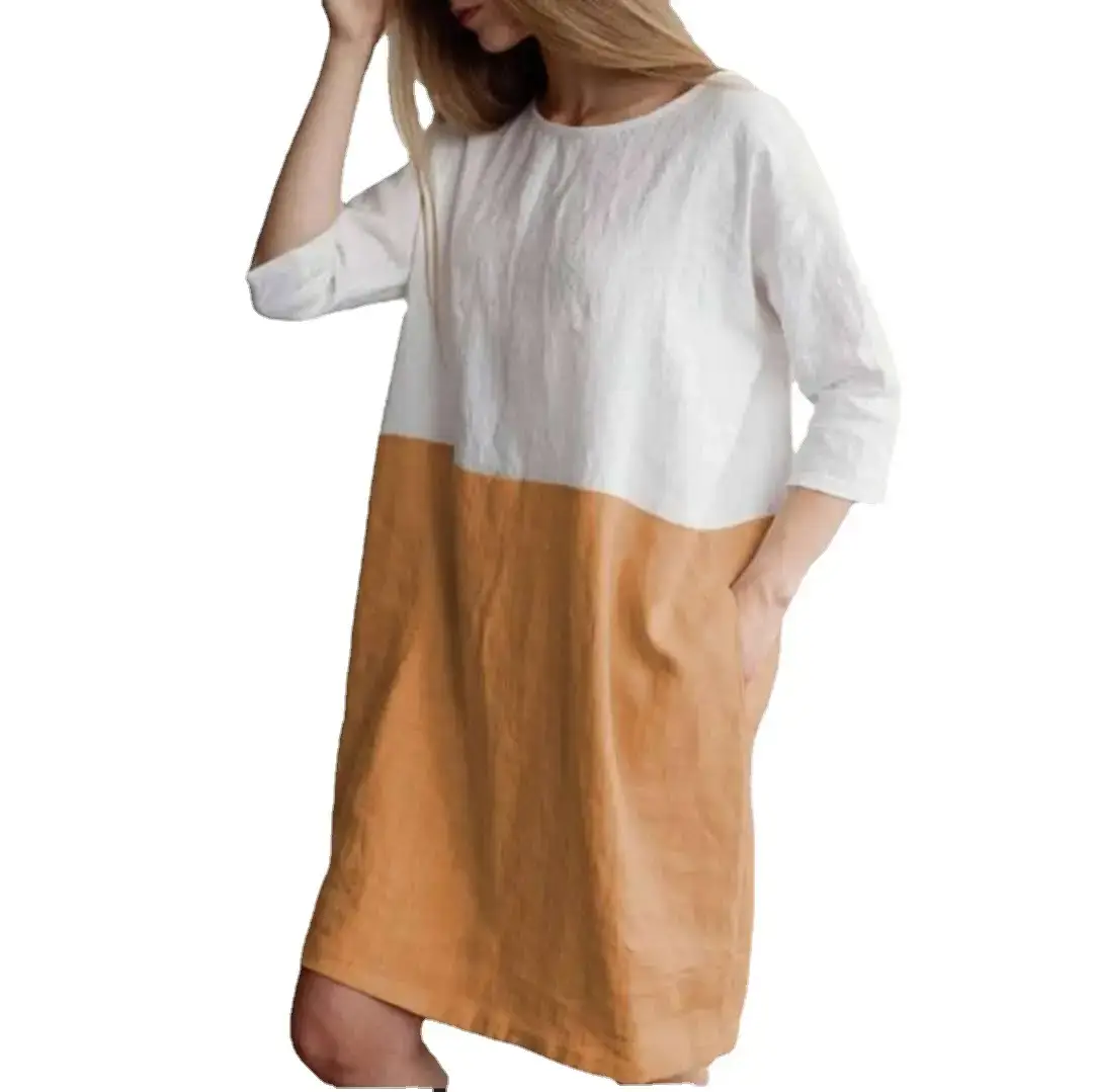 European Linen Stitching Dress White Green Round Neck Seven Point Sleeve Skirt Tunic