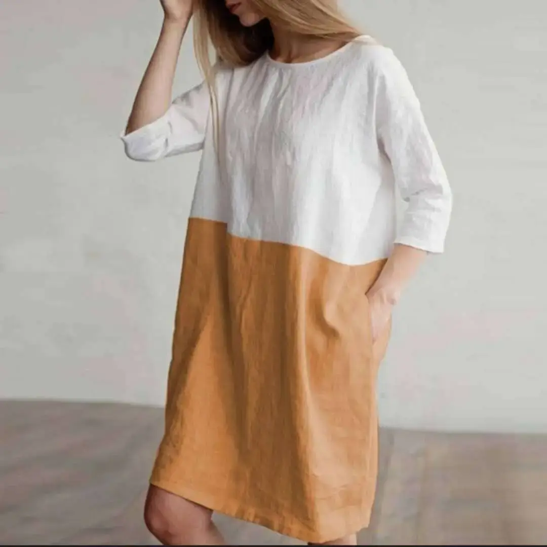 European Linen Stitching Dress White Green Round Neck Seven Point Sleeve Skirt Tunic