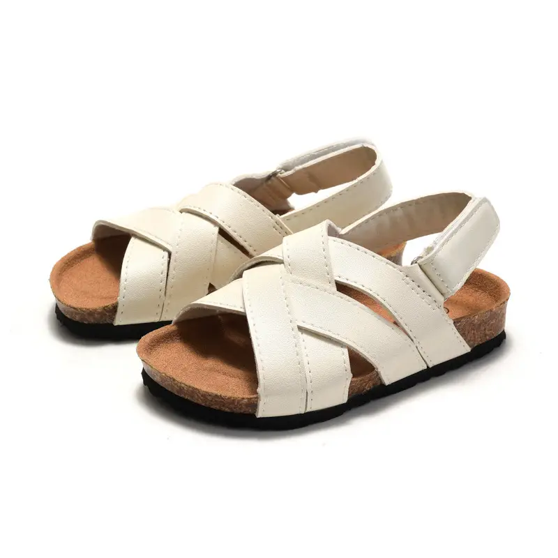 Black Leather Cross Strap Sandals for Boys Girls