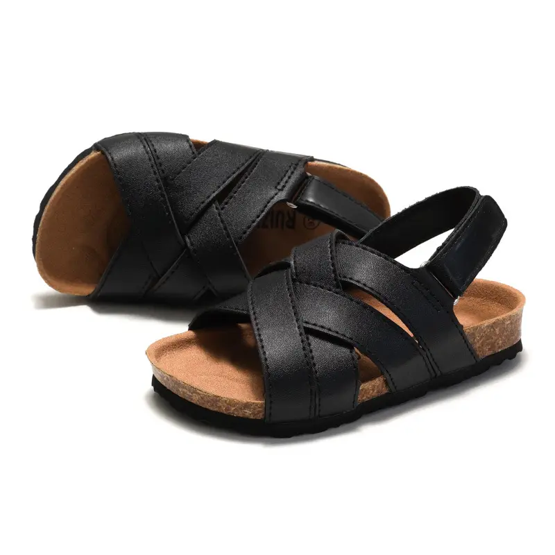 Black Leather Cross Strap Sandals for Boys Girls
