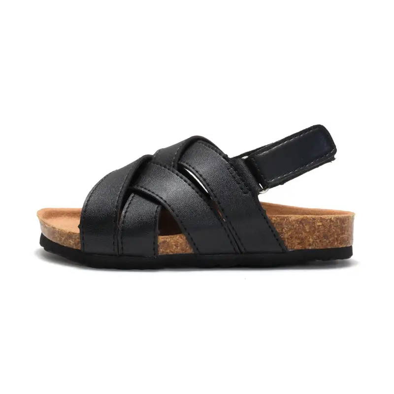 Black Leather Cross Strap Sandals for Boys Girls
