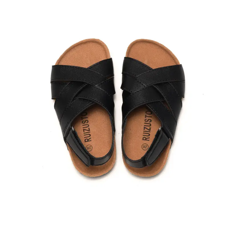 Black Leather Cross Strap Sandals for Boys Girls