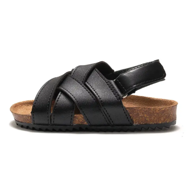 Black Leather Cross Strap Sandals for Boys Girls