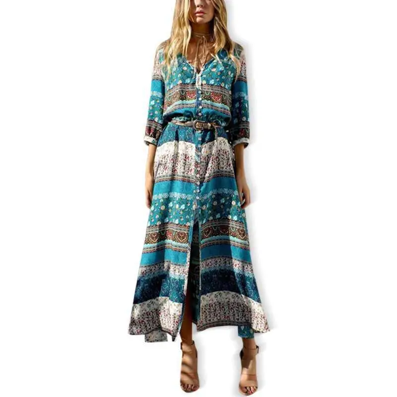 Bohemian Printed V-Neck Beach Dress Blue Floral