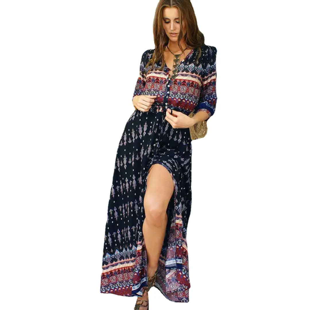 Bohemian Printed V-Neck Beach Dress Blue Floral