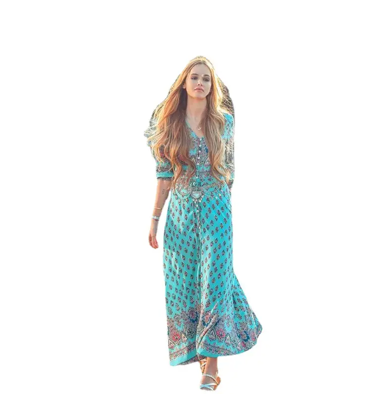 Bohemian Printed V-Neck Beach Dress Blue Floral