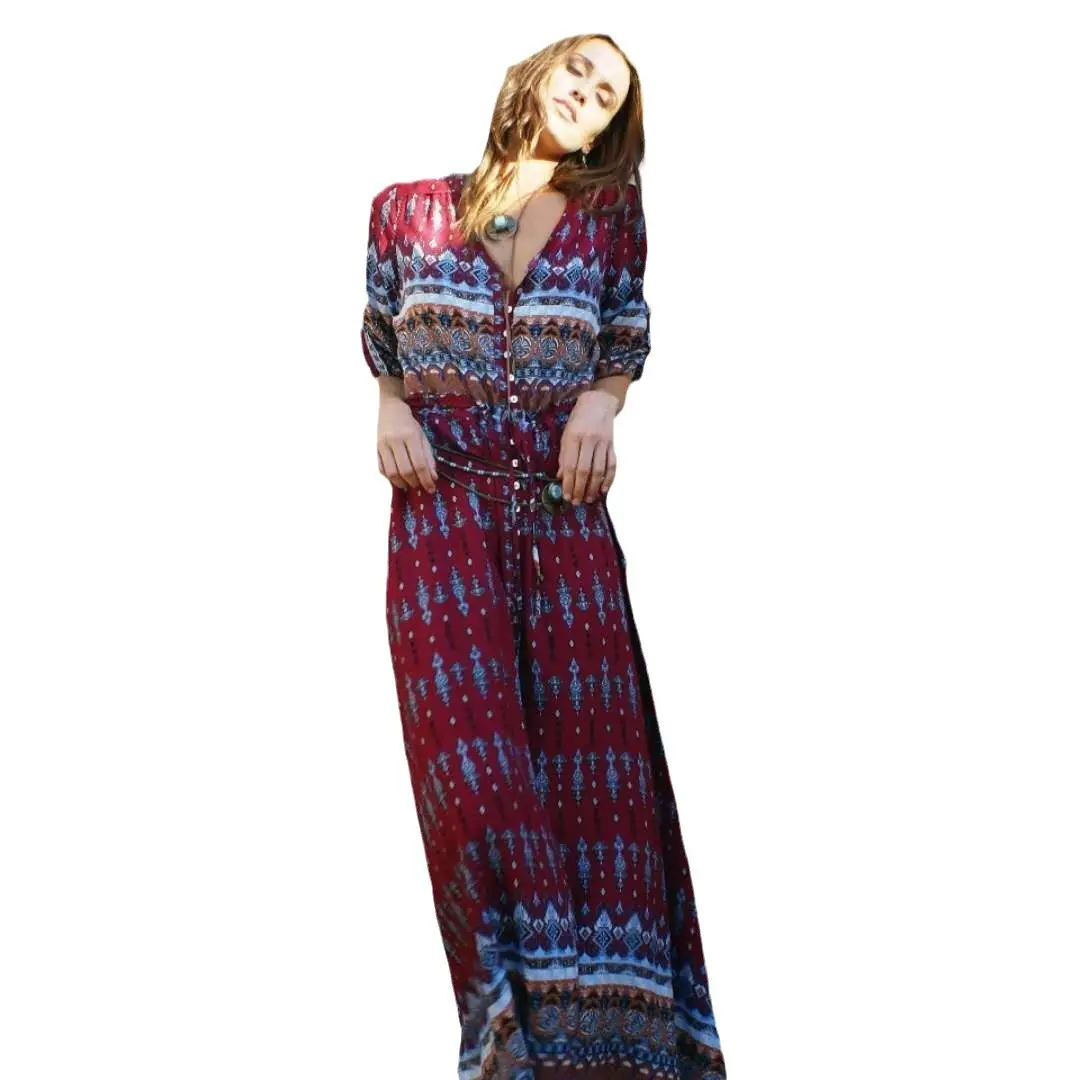 Bohemian Printed V-Neck Beach Dress Blue Floral