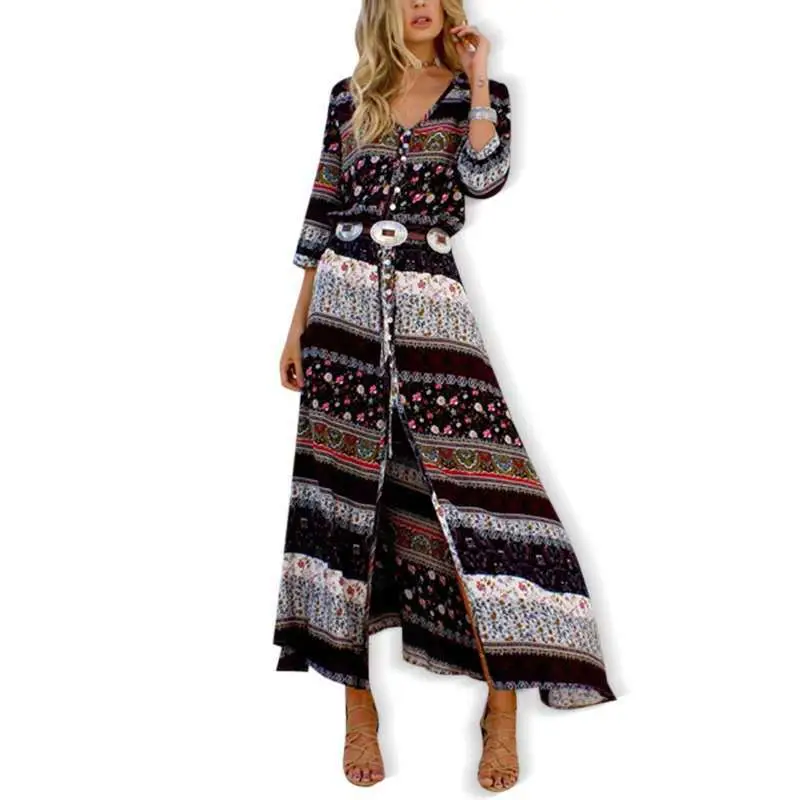 Bohemian Printed V-Neck Beach Dress Blue Floral