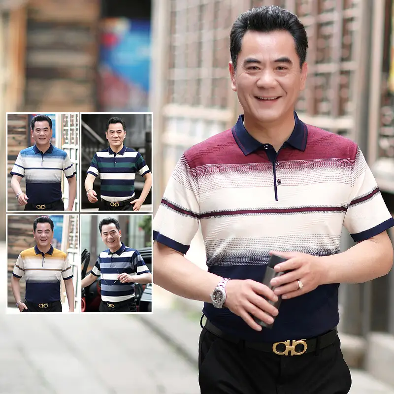 Men Lapel T-Shirt Striped Blue White Summer - Image 28
