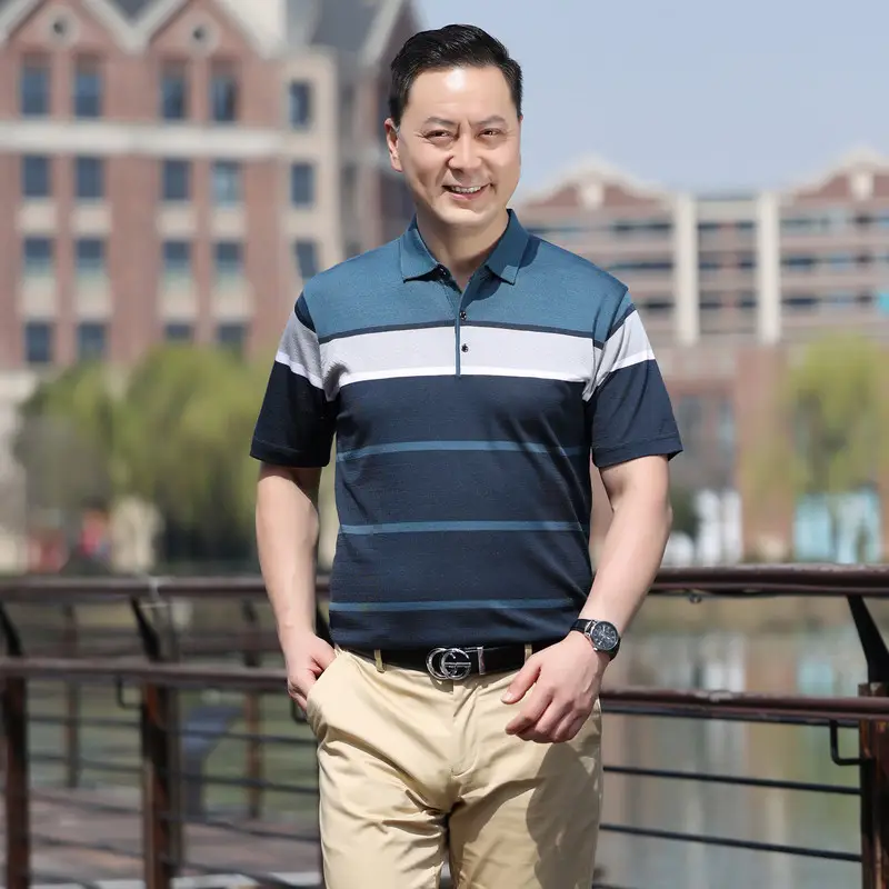 Men Lapel T-Shirt Striped Blue White Summer - Image 16