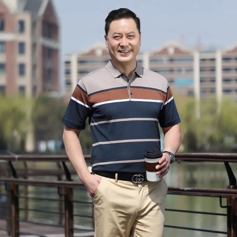 Men Lapel T-Shirt Striped Blue White Summer - Image 17