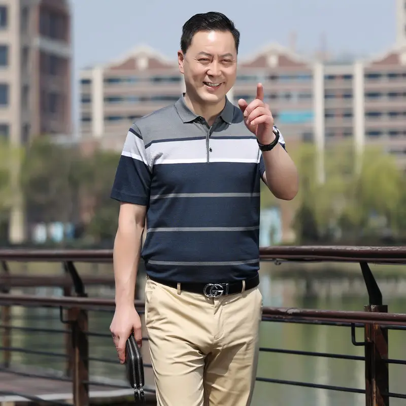 Men Lapel T-Shirt Striped Blue White Summer - Image 18