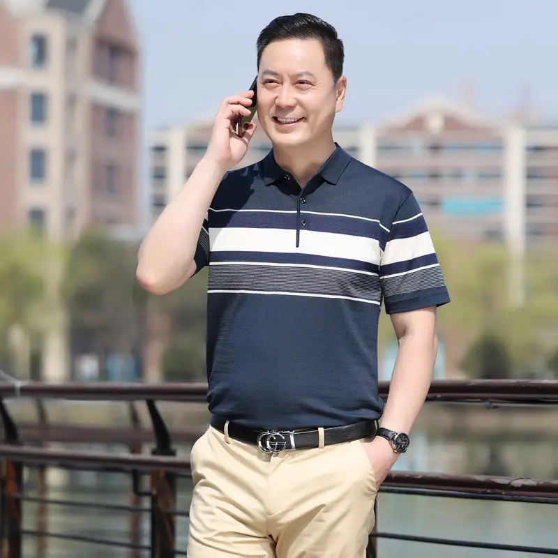 Men Lapel T-Shirt Striped Blue White Summer - Image 19