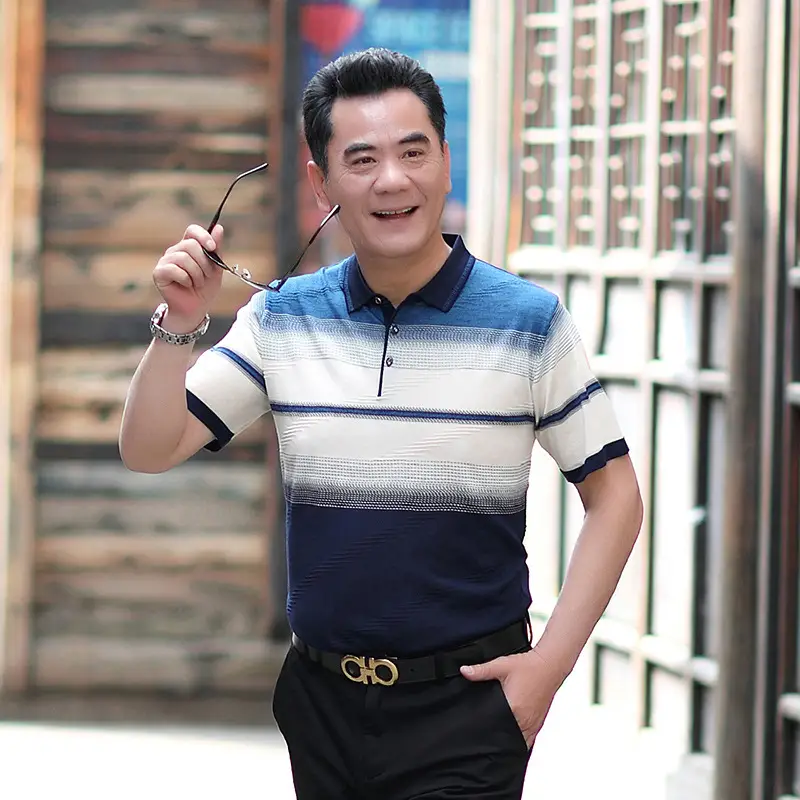 Men Lapel T-Shirt Striped Blue White Summer - Image 2