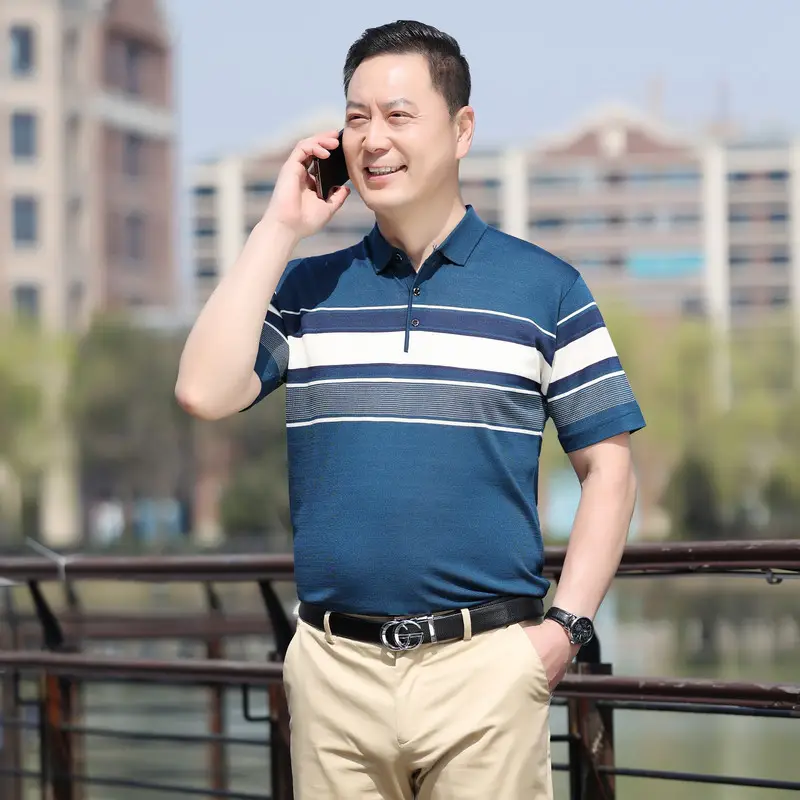 Men Lapel T-Shirt Striped Blue White Summer - Image 20