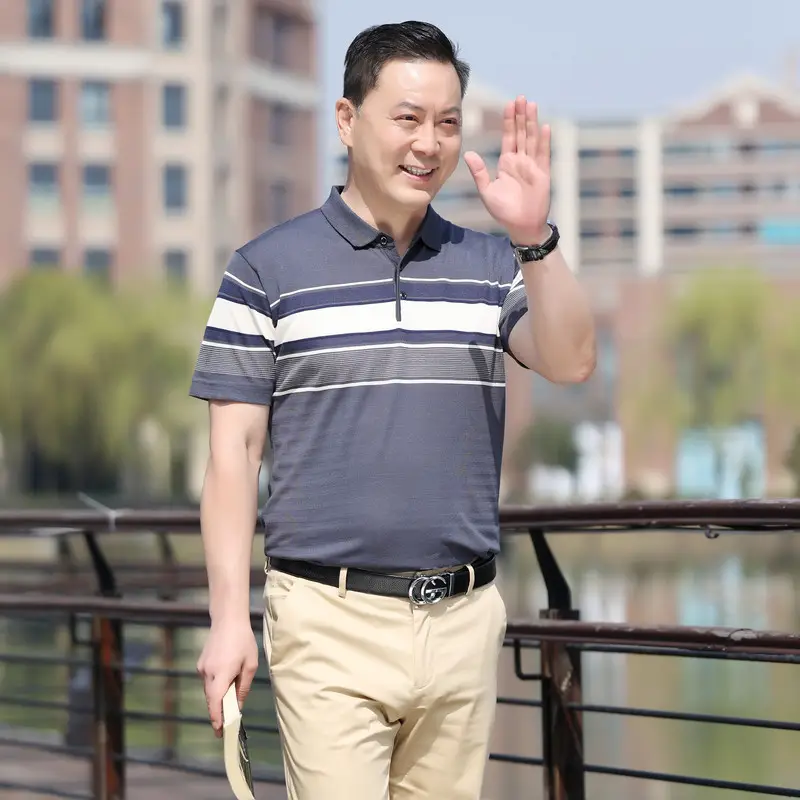 Men Lapel T-Shirt Striped Blue White Summer - Image 21