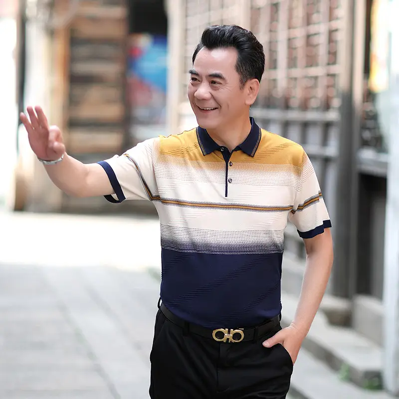 Men Lapel T-Shirt Striped Blue White Summer - Image 3