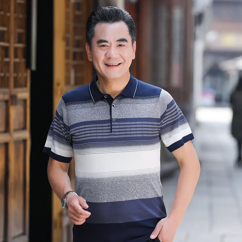 Men Lapel T-Shirt Striped Blue White Summer - Image 4