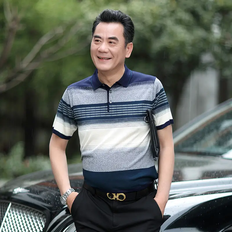 Men Lapel T-Shirt Striped Blue White Summer - Image 5