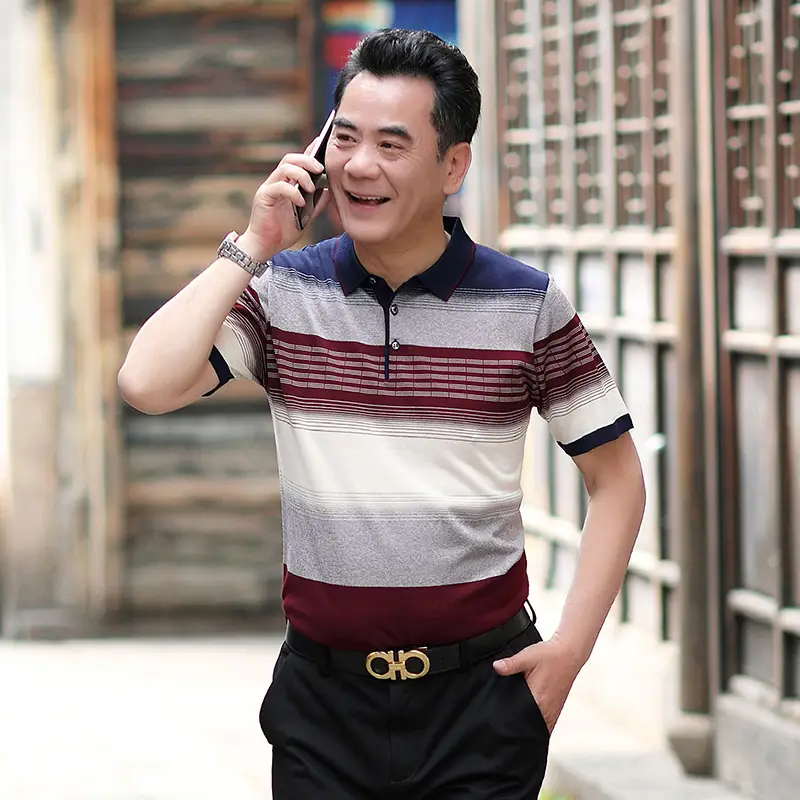 Men Lapel T-Shirt Striped Blue White Summer - Image 6
