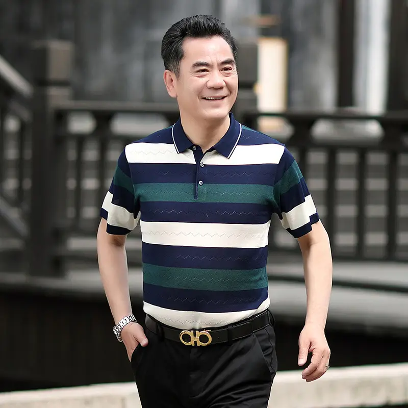 Men Lapel T-Shirt Striped Blue White Summer - Image 7