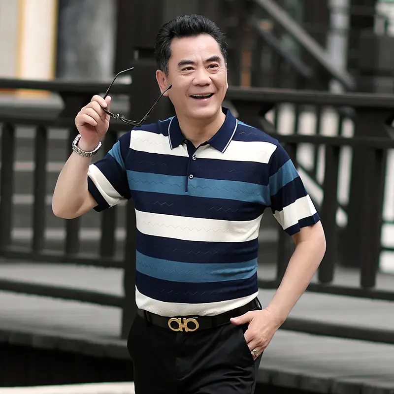 Men Lapel T-Shirt Striped Blue White Summer - Image 8