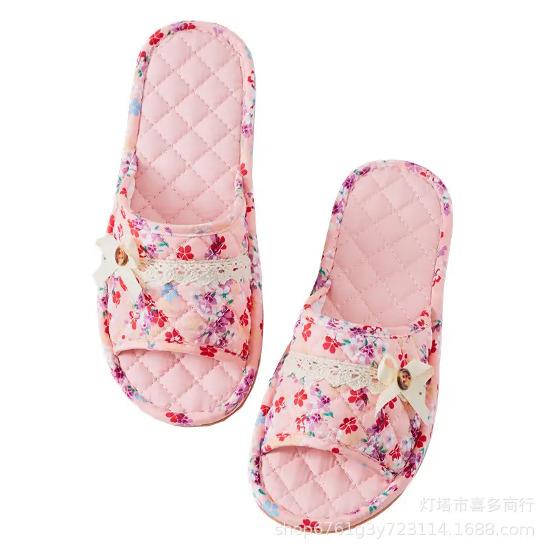 Korean-Style Floral Fabric Cotton Slippers for Men and Women, Indoor Home Slippers with Rubber Sole, Couple's Floor Slippers, Wholesale for Spring, Autumn, and Summer