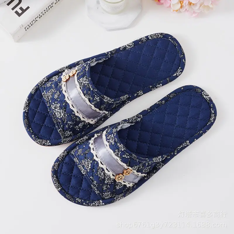 Korean-Style Floral Fabric Cotton Slippers for Men and Women, Indoor Home Slippers with Rubber Sole, Couple's Floor Slippers, Wholesale for Spring, Autumn, and Summer
