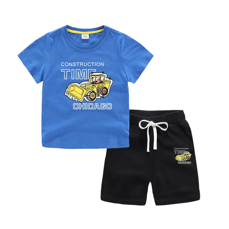 Kids Short Sleeve T-Shirt & Shorts Set Turquoise Black Work Zone Print - Image 19