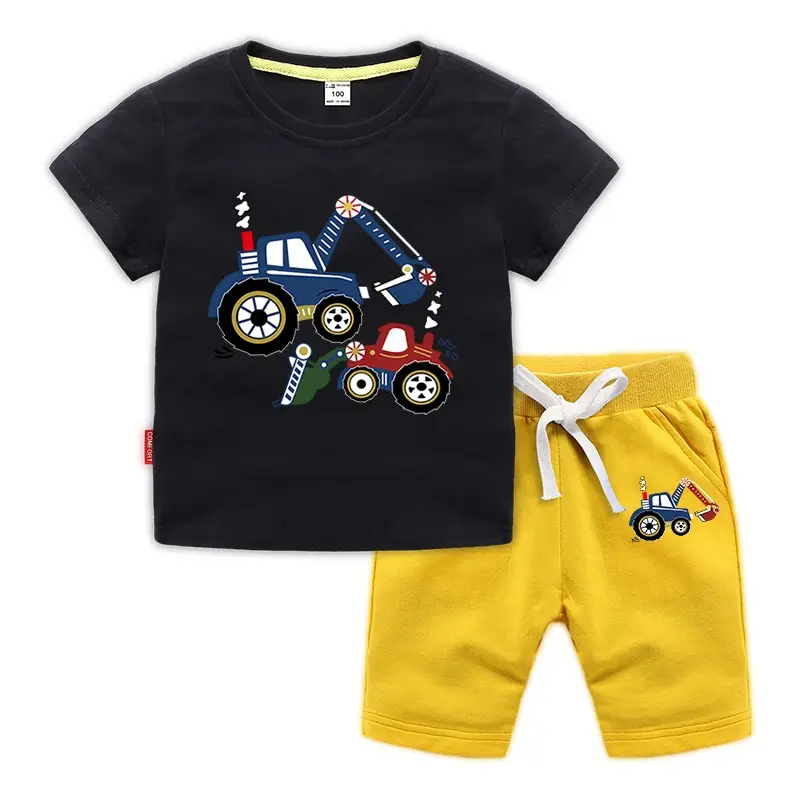 Kids Short Sleeve T-Shirt & Shorts Set Turquoise Black Work Zone Print - Image 2