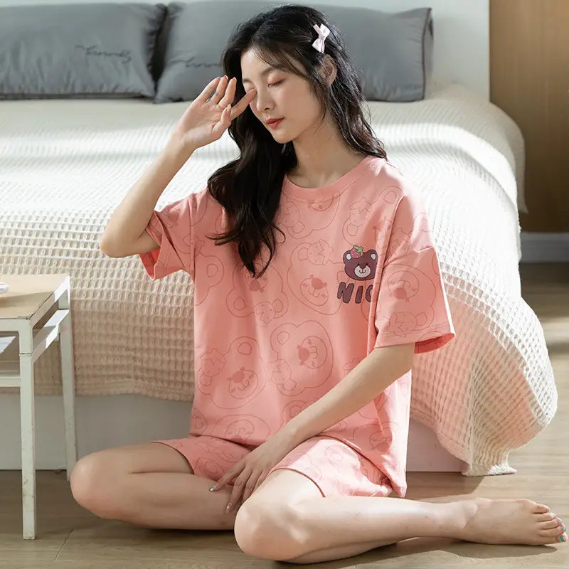 Summer Pajamas, Pure Cotton, Women's Summer Short-Sleeved Shorts Set, Summer Casual Cotton Large Size Home Clothes, Can Be Worn Outside, Wholesale