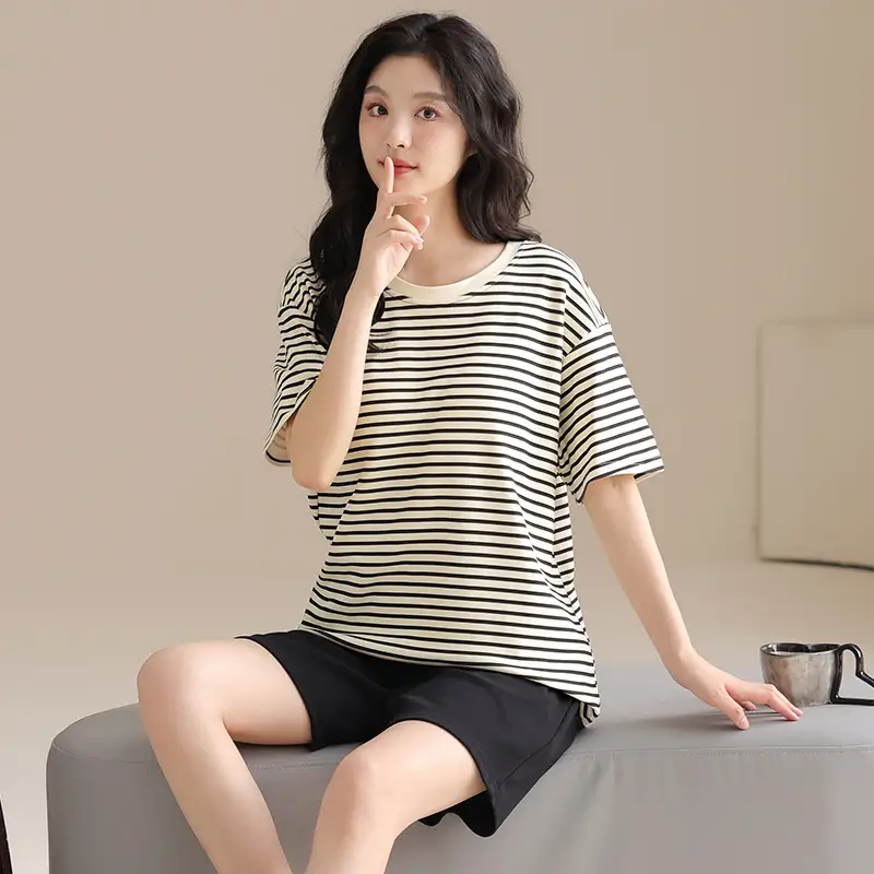 Summer Pajamas, Pure Cotton, Women's Summer Short-Sleeved Shorts Set, Summer Casual Cotton Large Size Home Clothes, Can Be Worn Outside, Wholesale