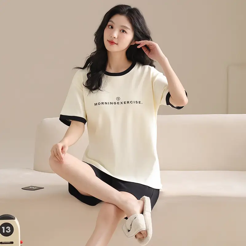 Summer Pajamas, Pure Cotton, Women's Summer Short-Sleeved Shorts Set, Summer Casual Cotton Large Size Home Clothes, Can Be Worn Outside, Wholesale